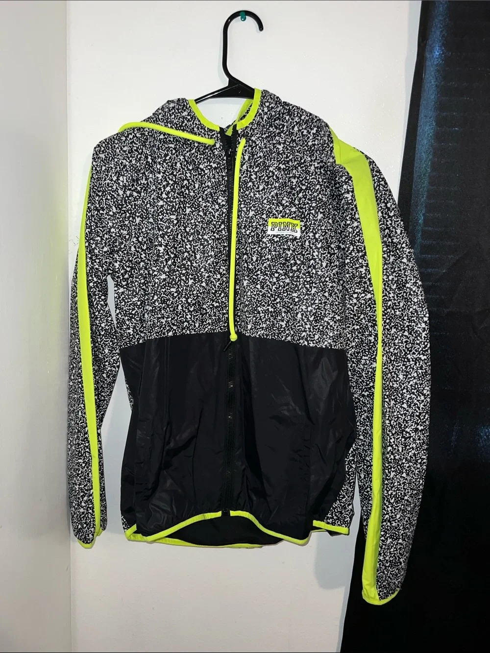 PINK Victoria's Secret Black & Neon Yellow Speckled Windbreaker Jacket
